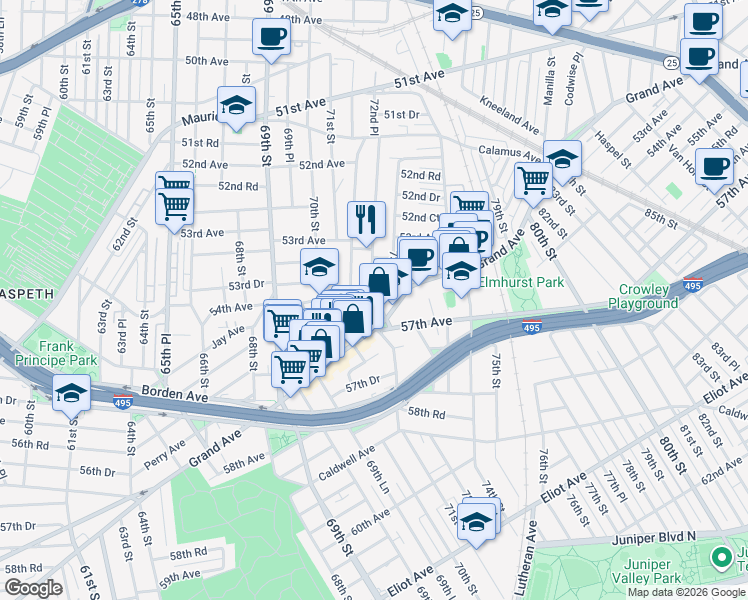 map of restaurants, bars, coffee shops, grocery stores, and more near 53-60 72nd Place in Queens
