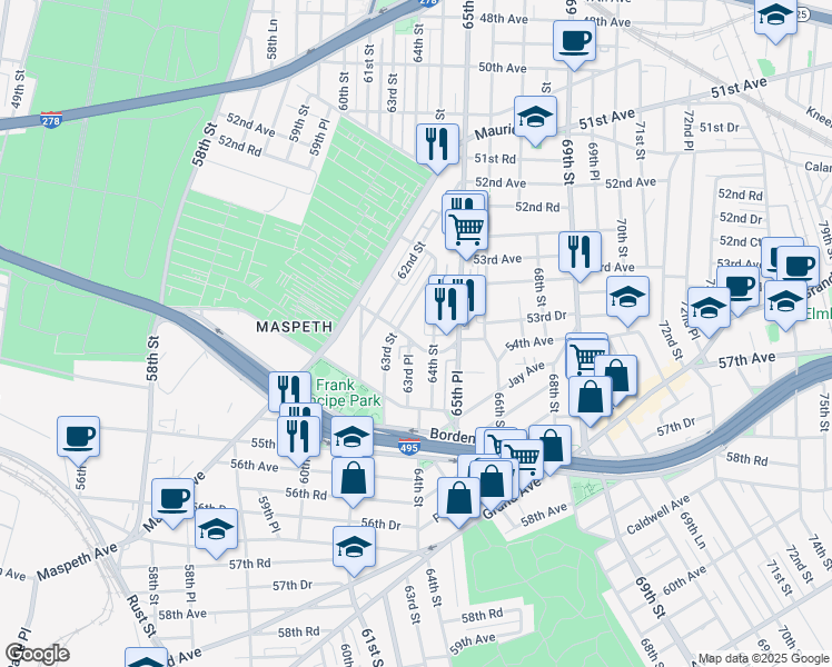 map of restaurants, bars, coffee shops, grocery stores, and more near 53-73 63rd Street in Queens