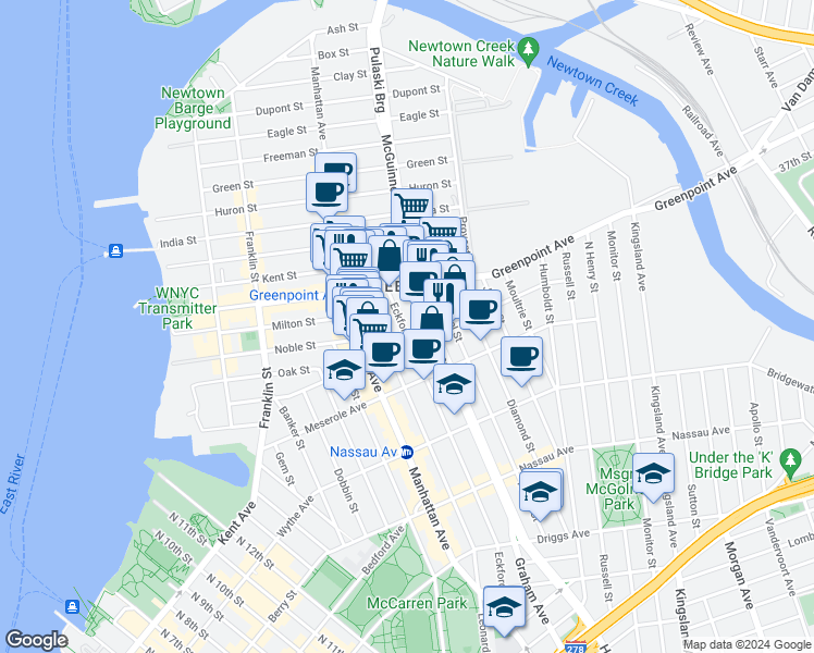 map of restaurants, bars, coffee shops, grocery stores, and more near 211 McGuinness Boulevard in Brooklyn