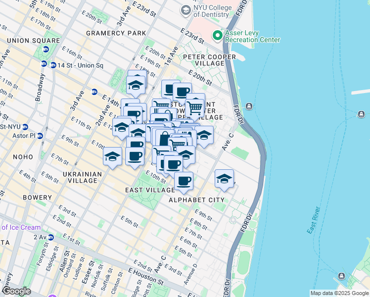map of restaurants, bars, coffee shops, grocery stores, and more near 215 Avenue B in New York