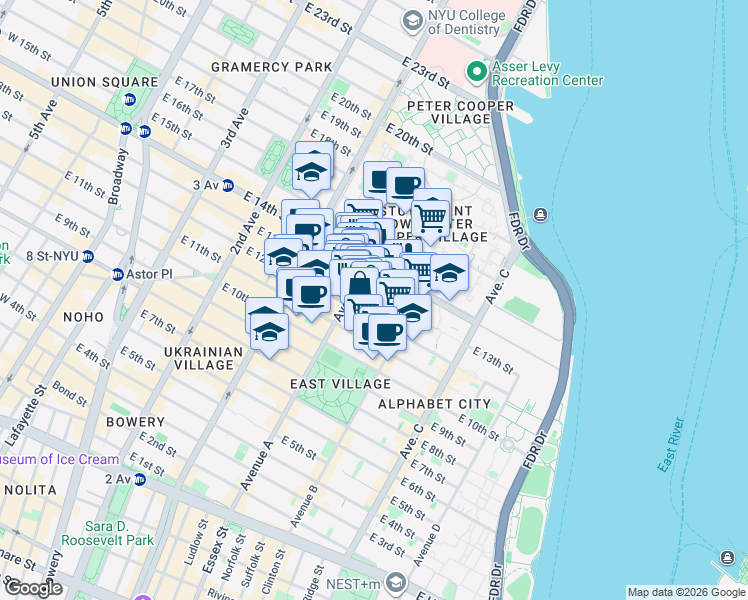 map of restaurants, bars, coffee shops, grocery stores, and more near 515 East 13th Street in New York