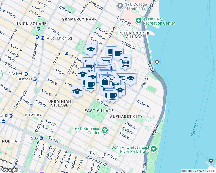 map of restaurants, bars, coffee shops, grocery stores, and more near 515 East 13th Street in New York