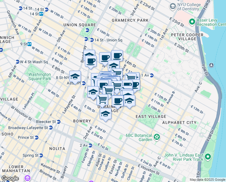 map of restaurants, bars, coffee shops, grocery stores, and more near 149 2nd Avenue in New York