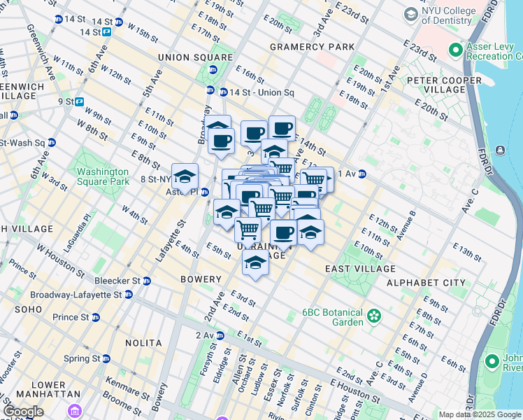 map of restaurants, bars, coffee shops, grocery stores, and more near 149 2nd Avenue in New York