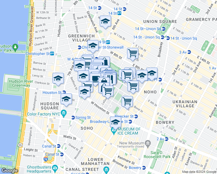 map of restaurants, bars, coffee shops, grocery stores, and more near 70 Washington Square South in New York