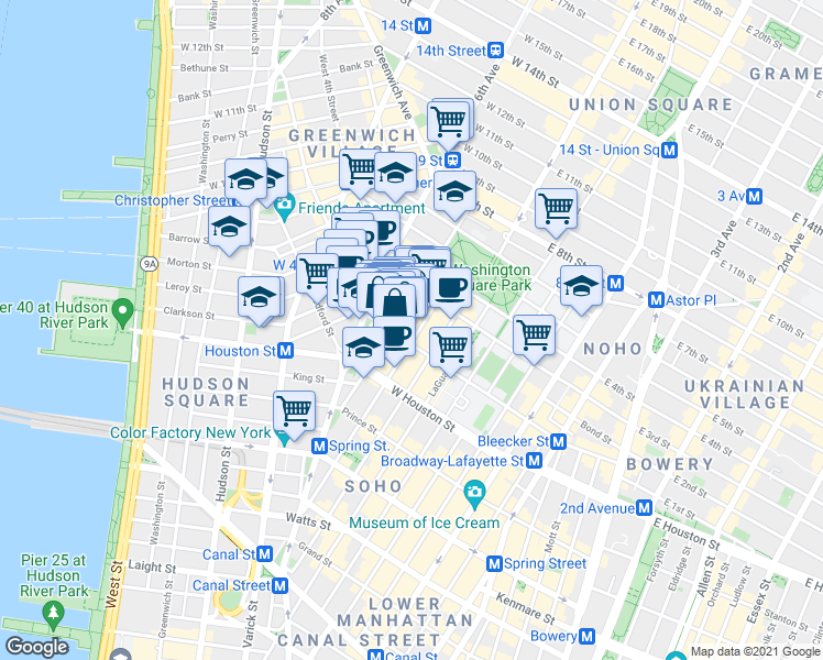map of restaurants, bars, coffee shops, grocery stores, and more near 190 Bleecker Street in New York