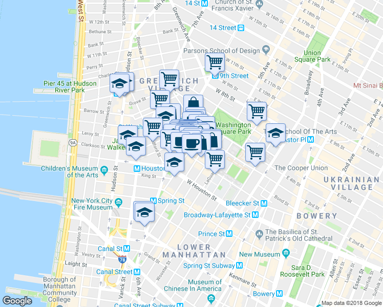 map of restaurants, bars, coffee shops, grocery stores, and more near 190 Bleecker Street in New York