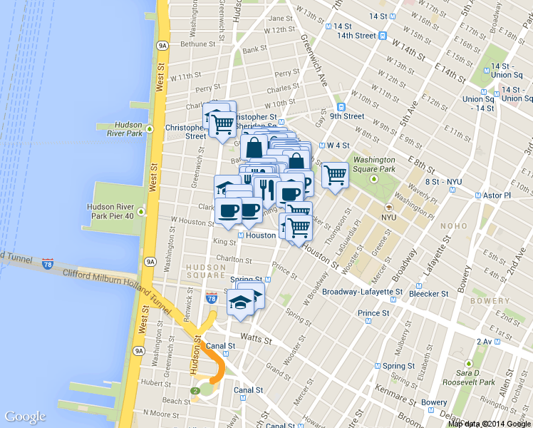 map of restaurants, bars, coffee shops, grocery stores, and more near in New York