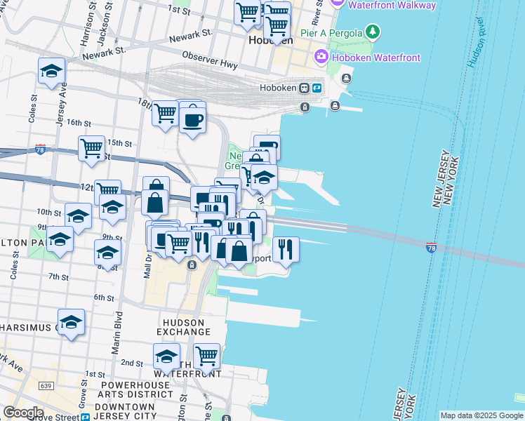 map of restaurants, bars, coffee shops, grocery stores, and more near in Jersey City