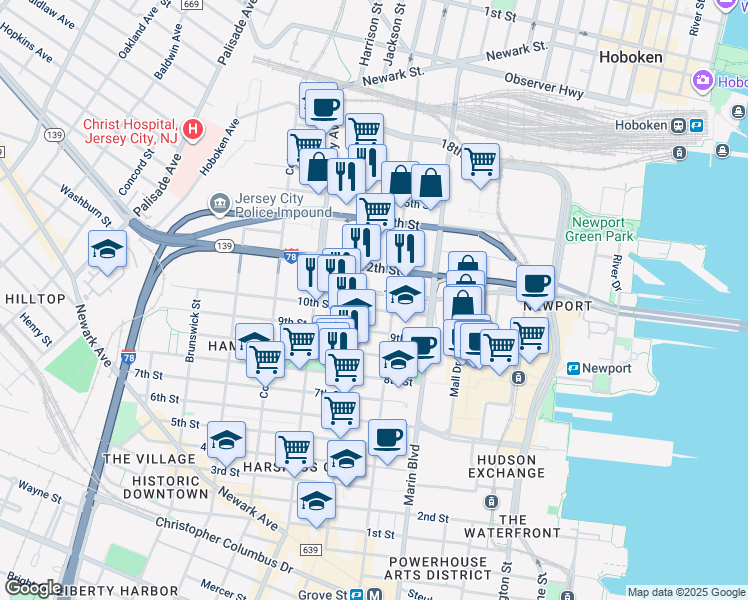 map of restaurants, bars, coffee shops, grocery stores, and more near 197 12th Street in Jersey City