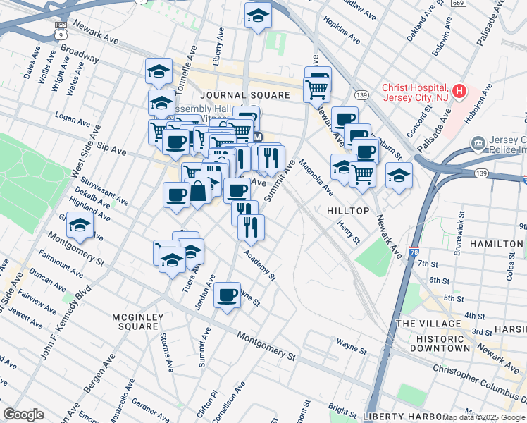 map of restaurants, bars, coffee shops, grocery stores, and more near 403-405 Summit Avenue in Jersey City