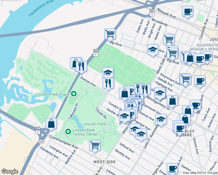 map of restaurants, bars, coffee shops, grocery stores, and more near 451 Mallory Avenue in Jersey City