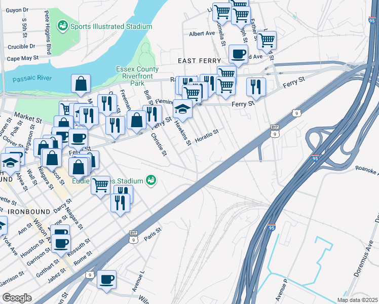 map of restaurants, bars, coffee shops, grocery stores, and more near 58 Hawkins Street in Newark