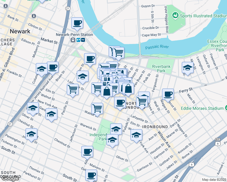 map of restaurants, bars, coffee shops, grocery stores, and more near 66-70 Adams Street in Newark