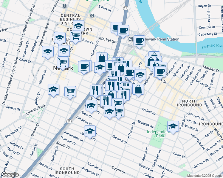 map of restaurants, bars, coffee shops, grocery stores, and more near 104 Bruen Street in Newark