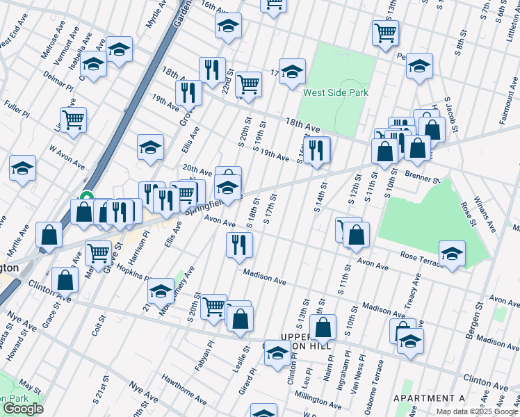 map of restaurants, bars, coffee shops, grocery stores, and more near 762 South 18th Street in Newark