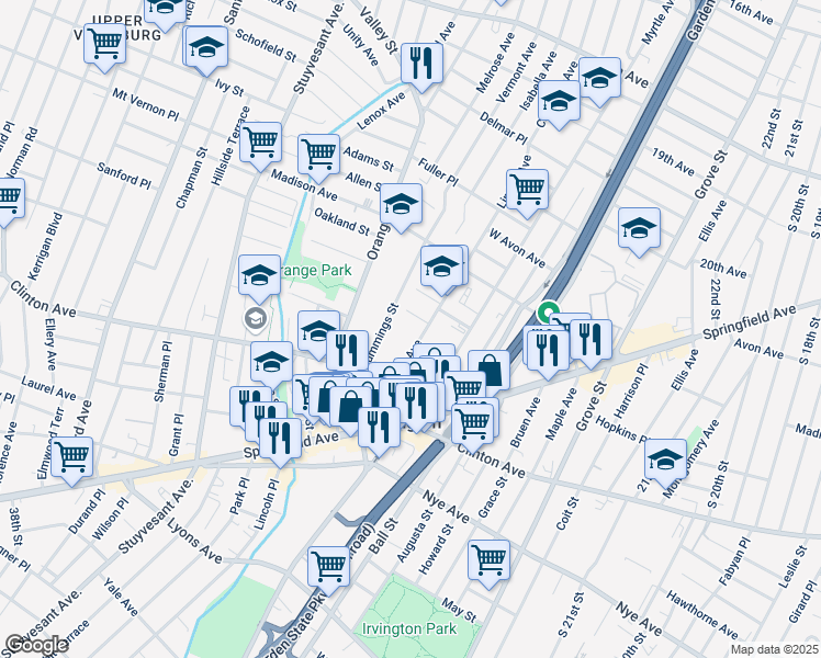 map of restaurants, bars, coffee shops, grocery stores, and more near 56 Cummings Street in Irvington