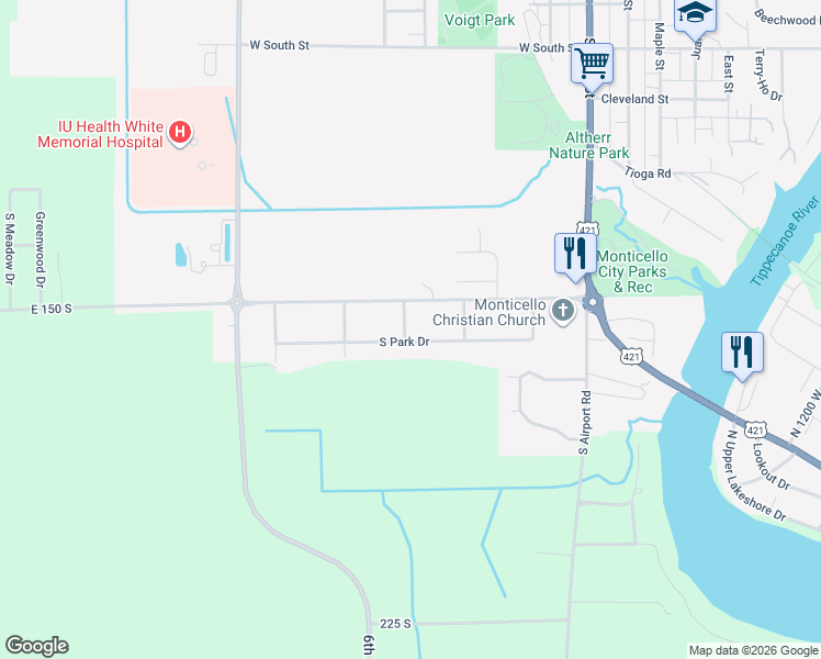 map of restaurants, bars, coffee shops, grocery stores, and more near 1001-1005 Melody Drive in Monticello