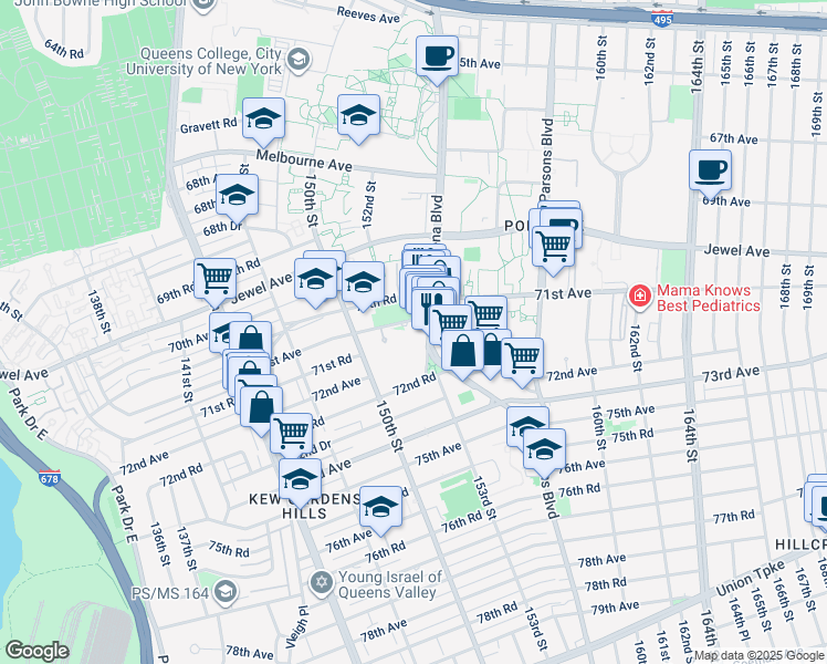 map of restaurants, bars, coffee shops, grocery stores, and more near 150-60 71st Avenue in Queens