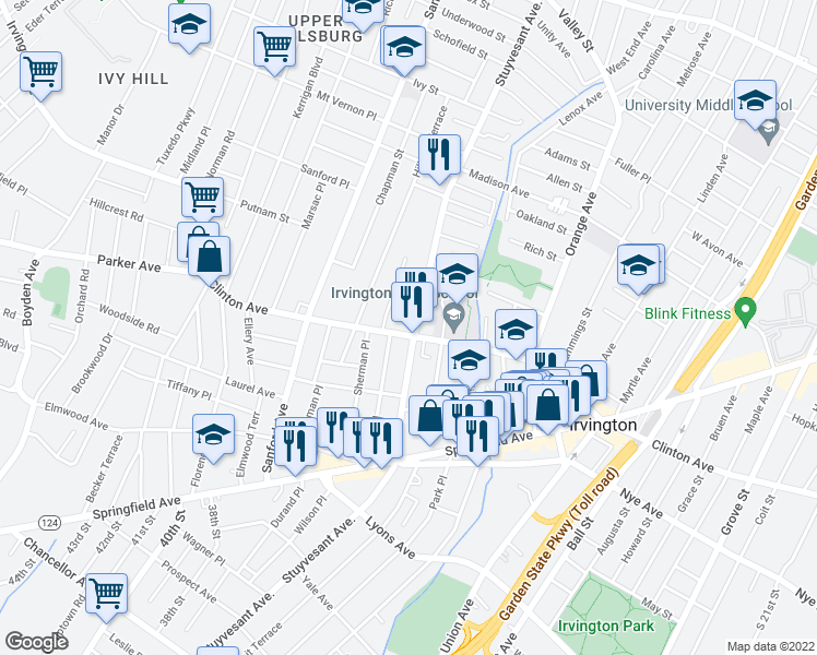 map of restaurants, bars, coffee shops, grocery stores, and more near 513 Stuyvesant Avenue in Irvington