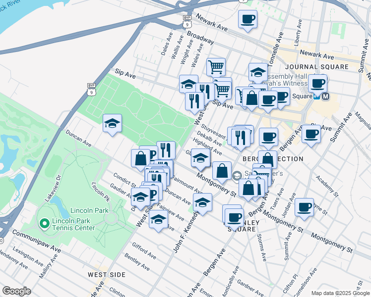 map of restaurants, bars, coffee shops, grocery stores, and more near 854 County Road 641 in Jersey City