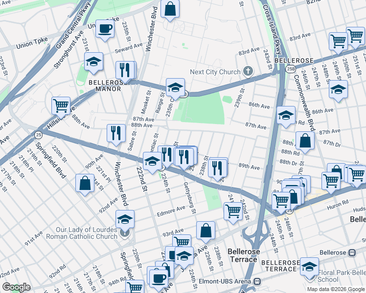 map of restaurants, bars, coffee shops, grocery stores, and more near 88-25 Gettysburg Street in Queens