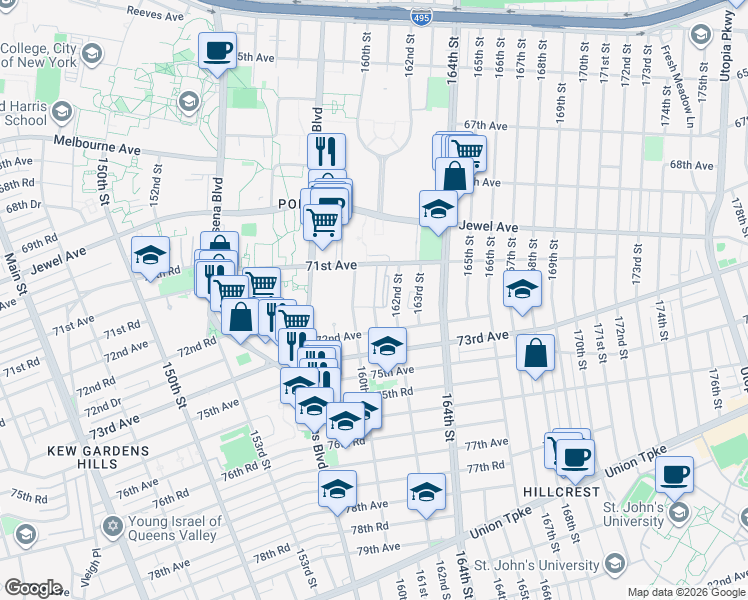 map of restaurants, bars, coffee shops, grocery stores, and more near 71-30 162nd Street in Queens