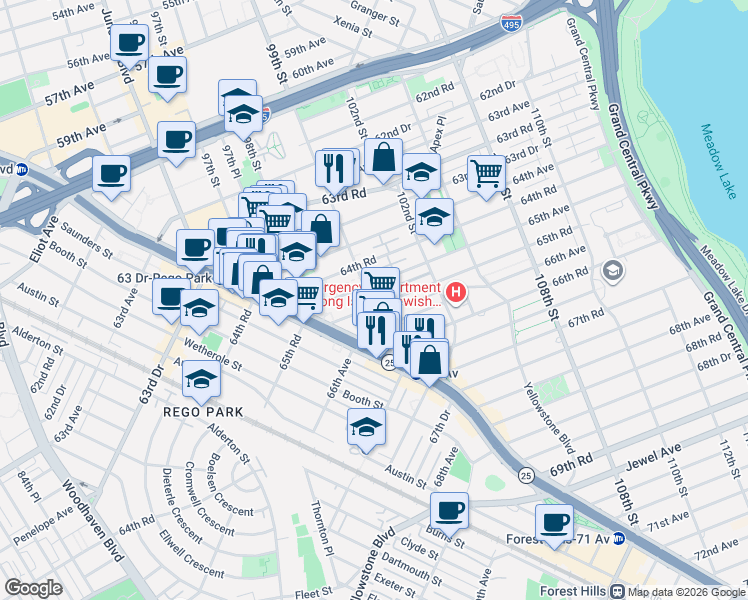 map of restaurants, bars, coffee shops, grocery stores, and more near 6509 99th Street in Queens