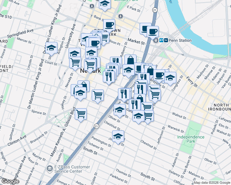 map of restaurants, bars, coffee shops, grocery stores, and more near 89 Walnut Street in Newark