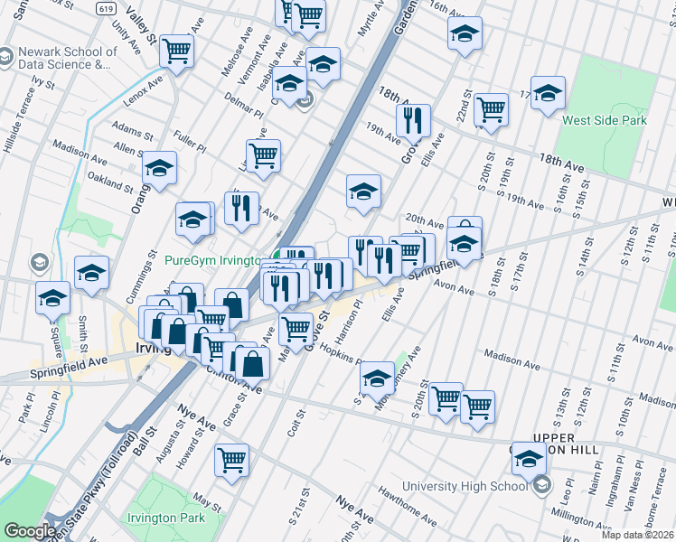 map of restaurants, bars, coffee shops, grocery stores, and more near 855 Grove Street in Irvington