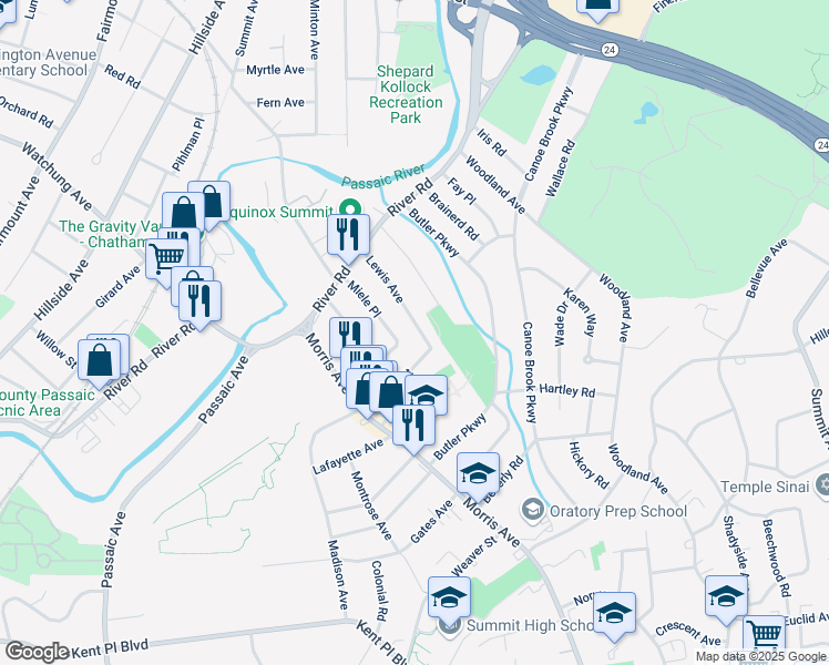 map of restaurants, bars, coffee shops, grocery stores, and more near 41 Lewis Avenue in Summit