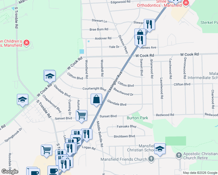 map of restaurants, bars, coffee shops, grocery stores, and more near 1077 Lexington Ave in Mansfield