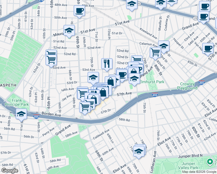 map of restaurants, bars, coffee shops, grocery stores, and more near 53-60 72nd Place in Queens