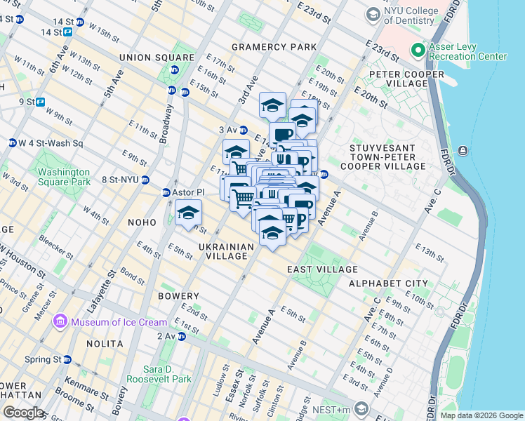 map of restaurants, bars, coffee shops, grocery stores, and more near 342 East 11th Street in New York