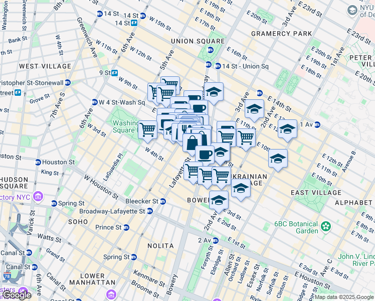 map of restaurants, bars, coffee shops, grocery stores, and more near 428 Lafayette Street in New York
