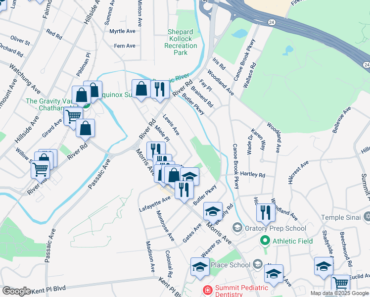 map of restaurants, bars, coffee shops, grocery stores, and more near 41 Lewis Avenue in Summit