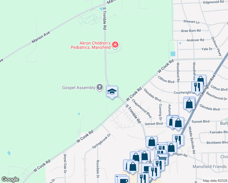 map of restaurants, bars, coffee shops, grocery stores, and more near 1101 South Trimble Road in Mansfield