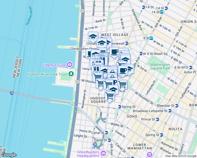 map of restaurants, bars, coffee shops, grocery stores, and more near 395 Hudson Street in New York