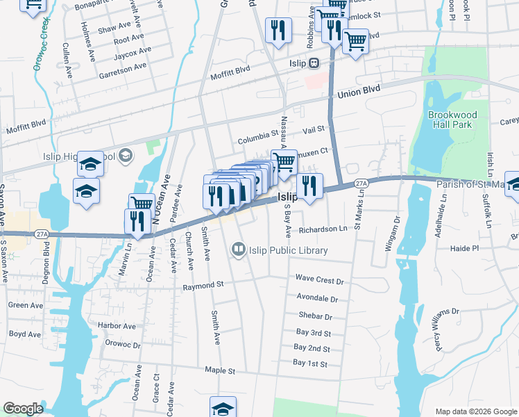 map of restaurants, bars, coffee shops, grocery stores, and more near 592 Main Street in Islip