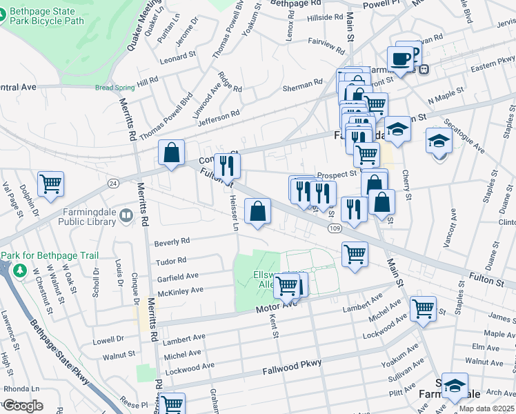 map of restaurants, bars, coffee shops, grocery stores, and more near 400 Fulton Street in Farmingdale