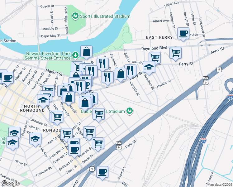 map of restaurants, bars, coffee shops, grocery stores, and more near 135 Christie Street in Newark