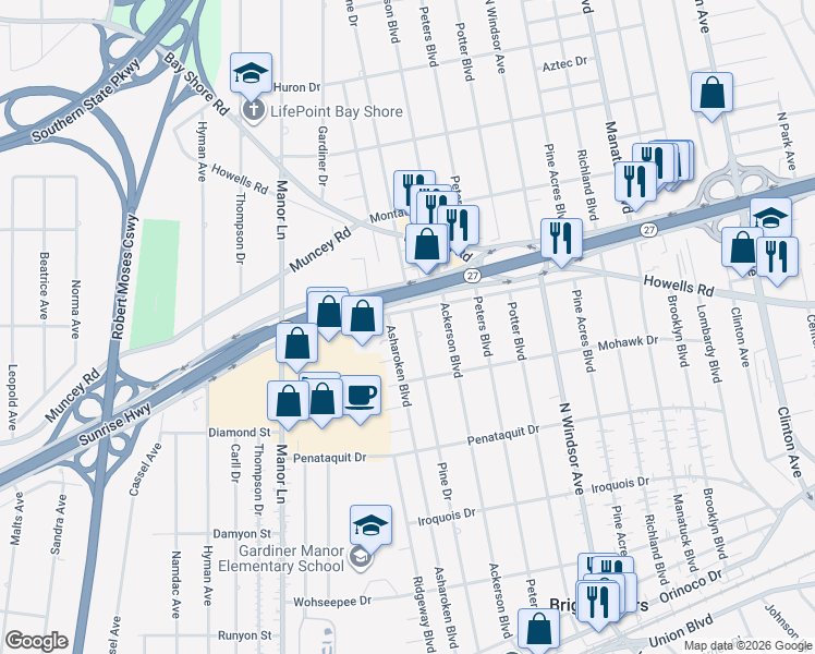 map of restaurants, bars, coffee shops, grocery stores, and more near 623 Pine Drive in Bay Shore