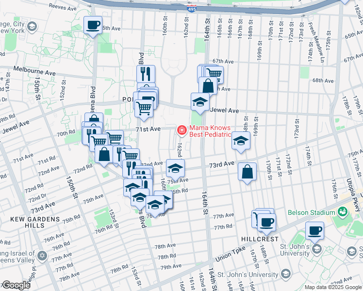 map of restaurants, bars, coffee shops, grocery stores, and more near 71-30 162nd Street in Queens