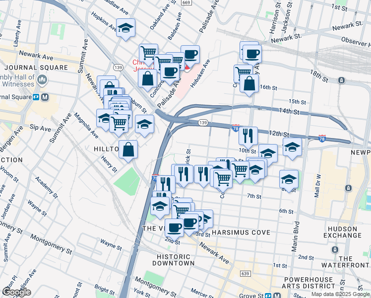 map of restaurants, bars, coffee shops, grocery stores, and more near 255 Brunswick Street in Jersey City