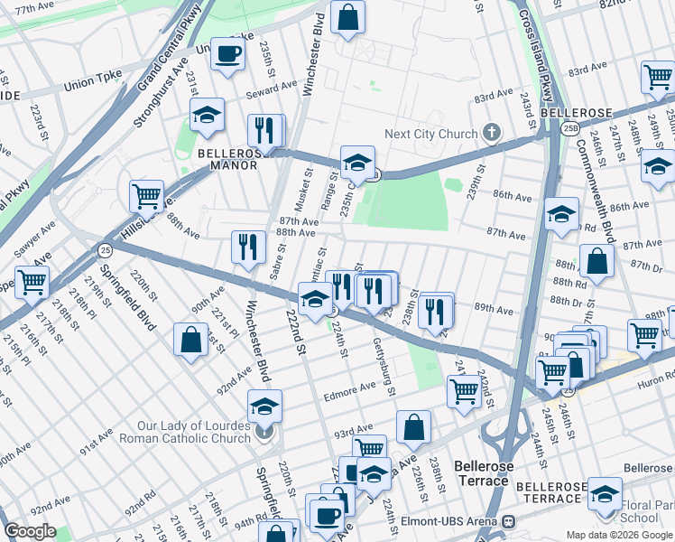 map of restaurants, bars, coffee shops, grocery stores, and more near 88-30 Lyman Street in Queens