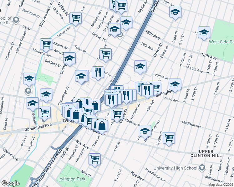 map of restaurants, bars, coffee shops, grocery stores, and more near in Irvington