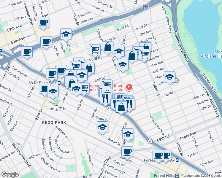 map of restaurants, bars, coffee shops, grocery stores, and more near 99-35 65th Road in Queens