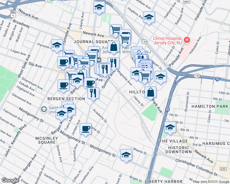 map of restaurants, bars, coffee shops, grocery stores, and more near 230 Baldwin Avenue in Jersey City