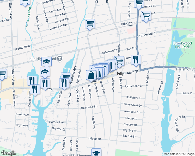 map of restaurants, bars, coffee shops, grocery stores, and more near 16 Grant Avenue in Islip