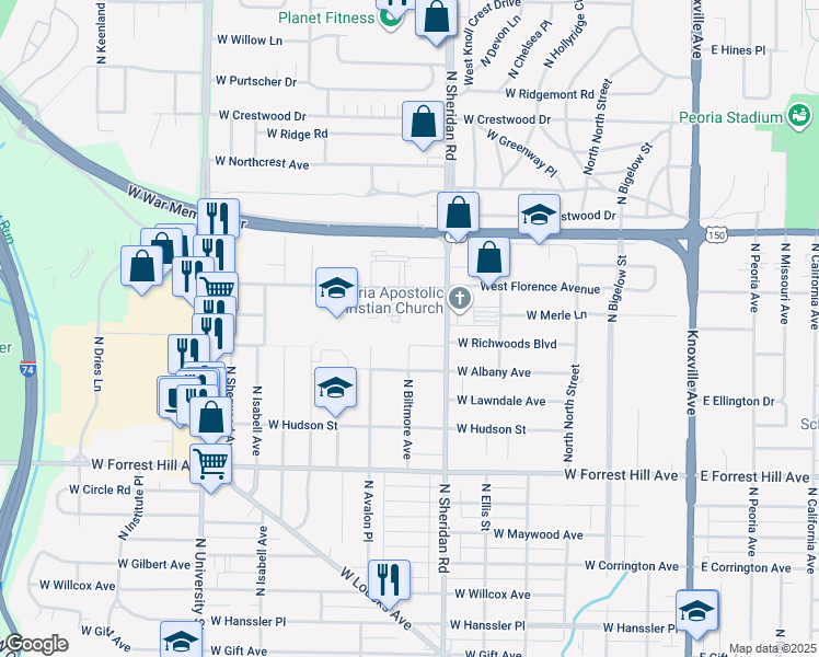 map of restaurants, bars, coffee shops, grocery stores, and more near 3415 North Sheridan Road in Peoria